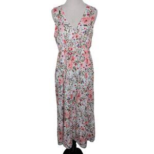 French Grey Floral Dress Womens Size Large Tiered V Neck Sleeveless Cottagecore
